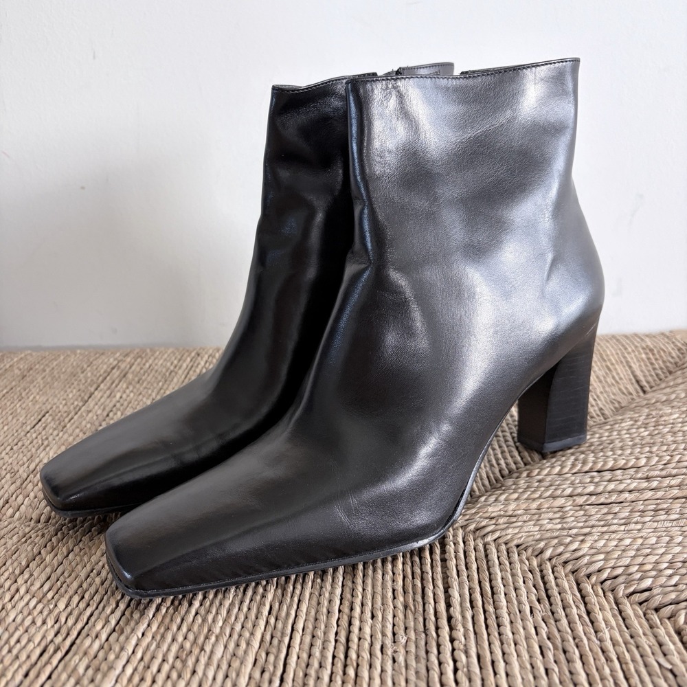 Antonio Melani Shawn Black Leather Square Toe Chunky Heel Ankle Boots 9M